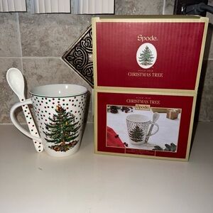 Spode Christmas Tree Mug with Spoon - Red, Green, White